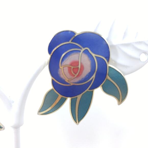 Vintage Laurel Burch Blue "Deco Rose" Post Earrings, 1980s Vintage Jewelry - Picture 5 of 10